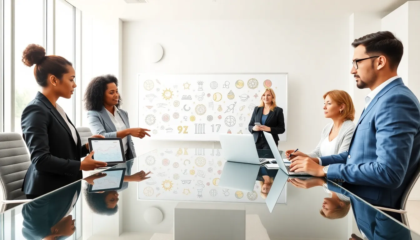 professionals discussing astrology and numerology in a modern office setting.