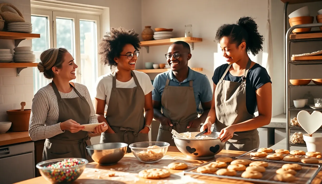 friends baking cookies together in a warm, inviting kitchen.