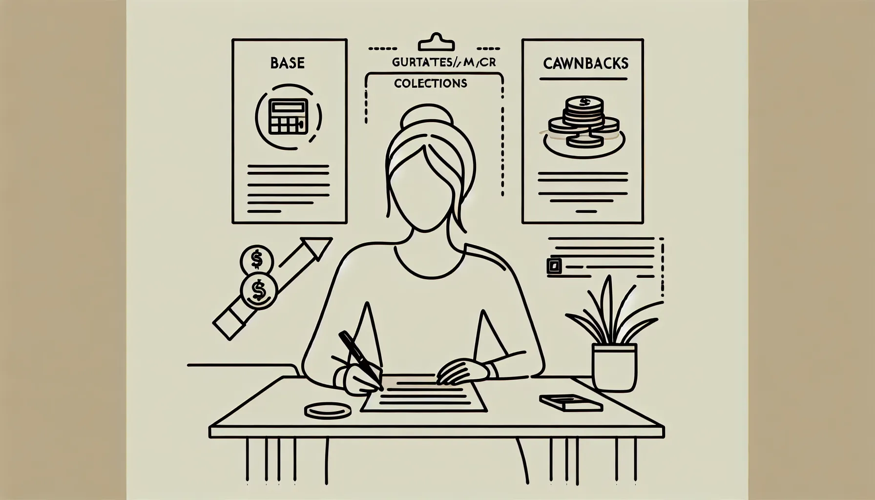 Veterinary associate at desk reviewing a contract with salary and benefits icons.