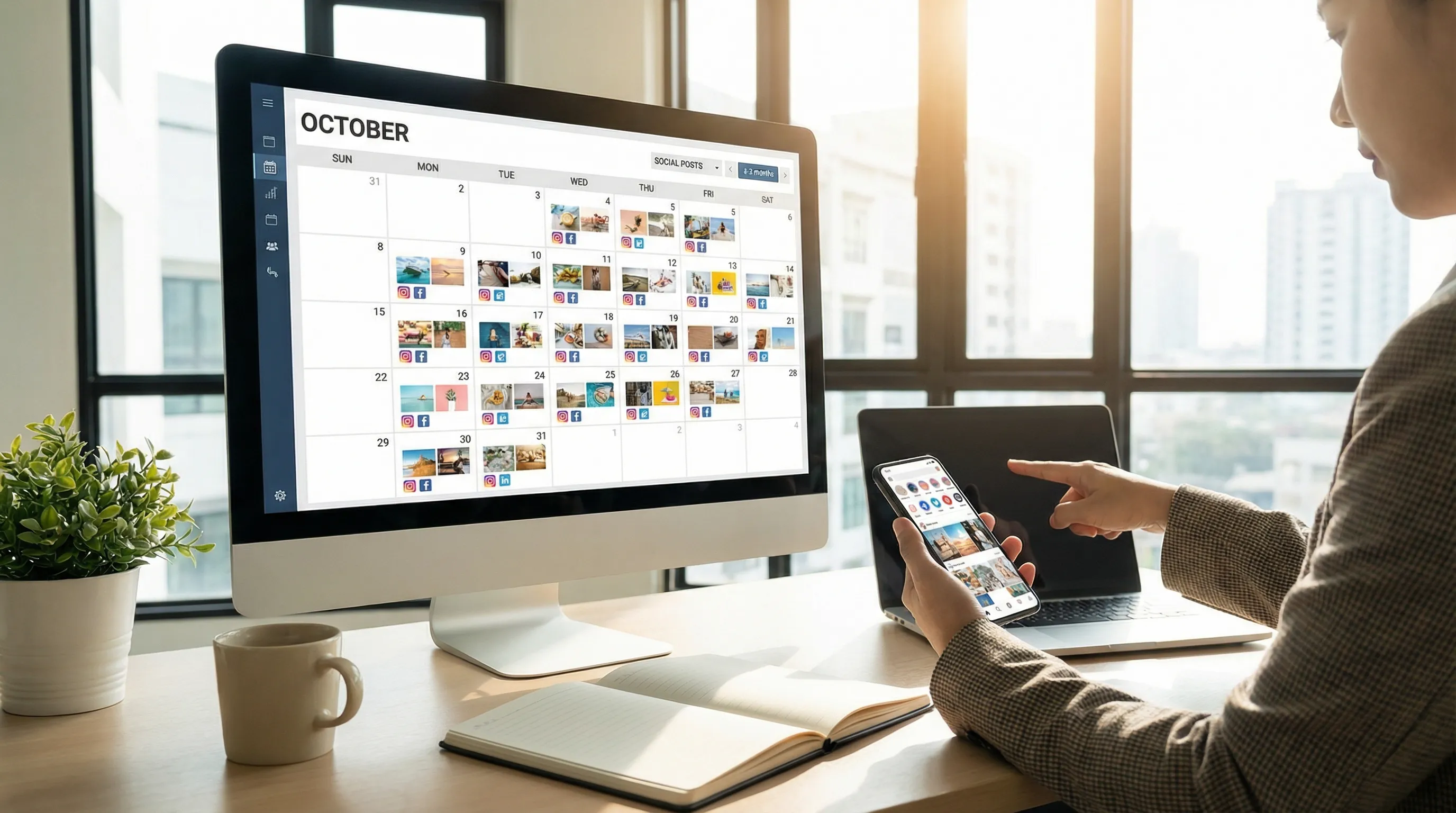 Social media manager reviewing a well-organized content calendar with scheduled posts on multiple devices.