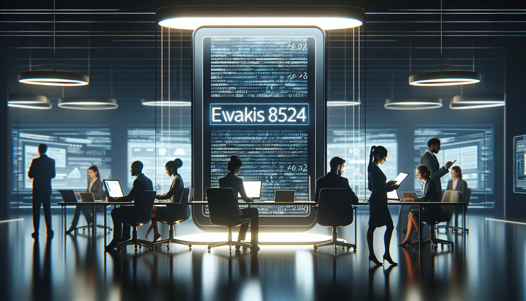 futuristic workspace featuring the code 'Evakis8524' on a screen.