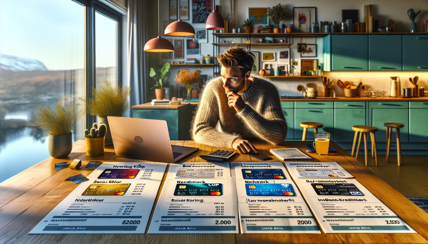 Norwegian adult comparing different credit cards and terms at a kitchen table.