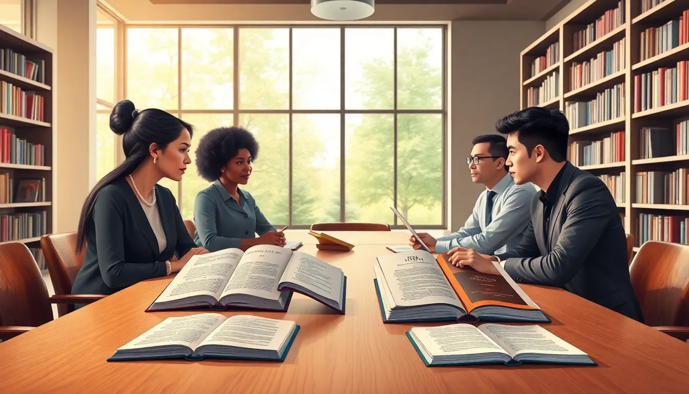 diverse group discussing Theosophy in a modern library.