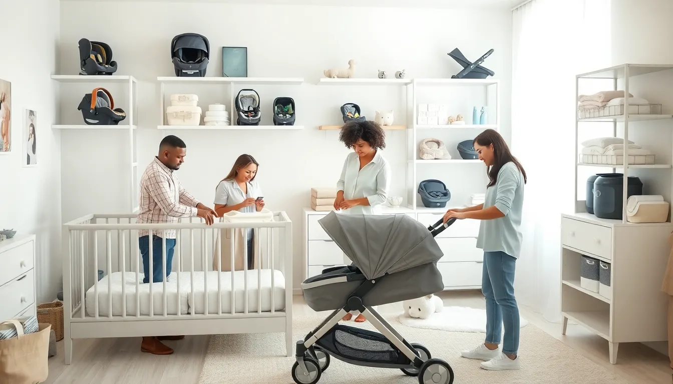 diverse parents in a modern nursery with essential baby gear.