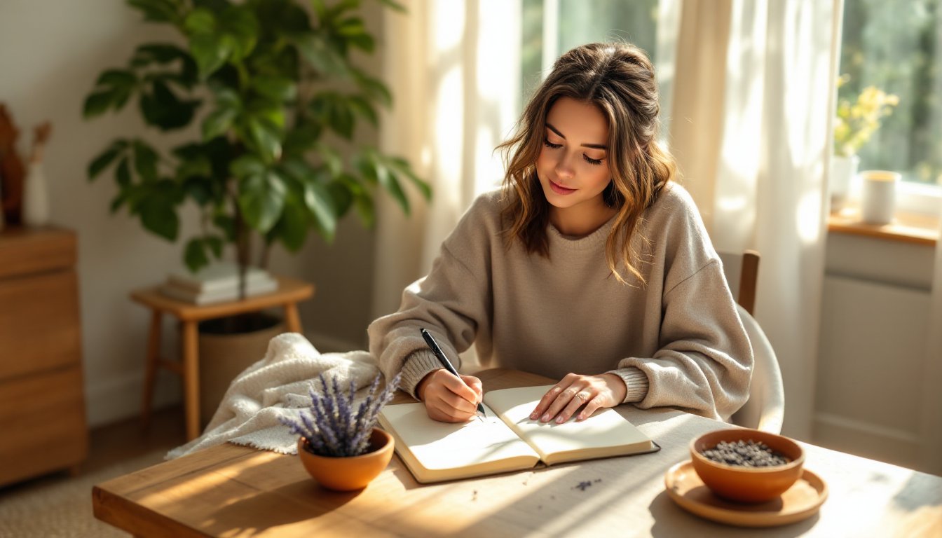 A woman journaling her core values at a sunlit table on a calm Sunday morning.