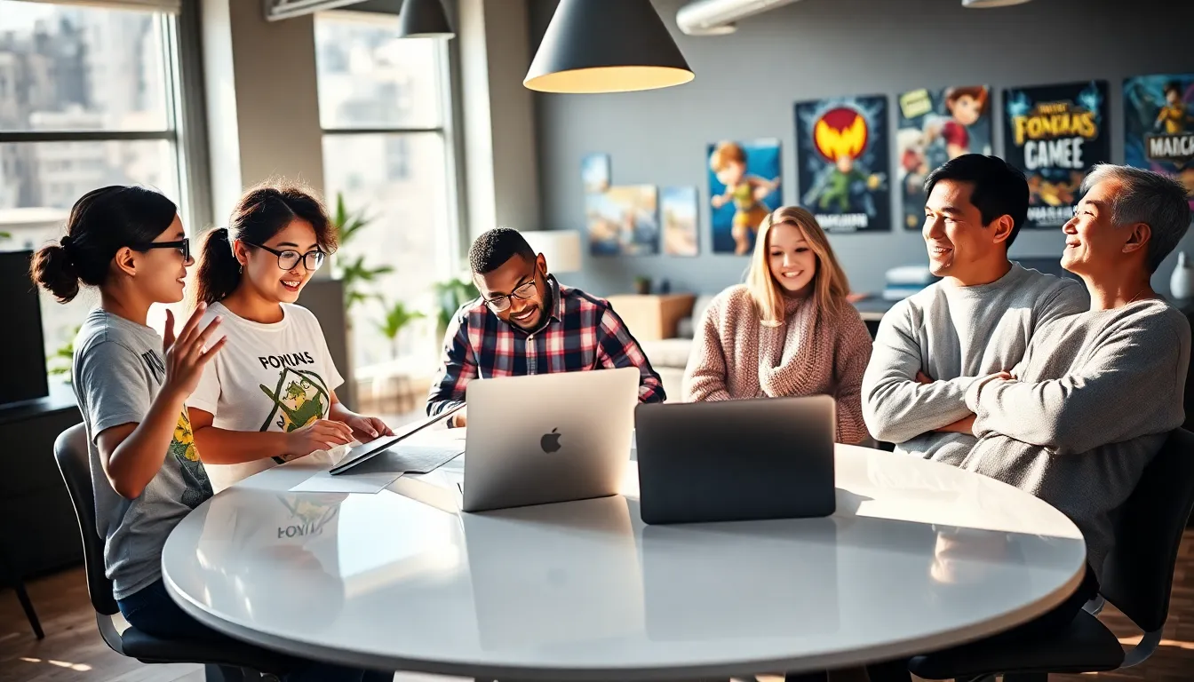 A diverse team of game developers collaborating in a modern studio.