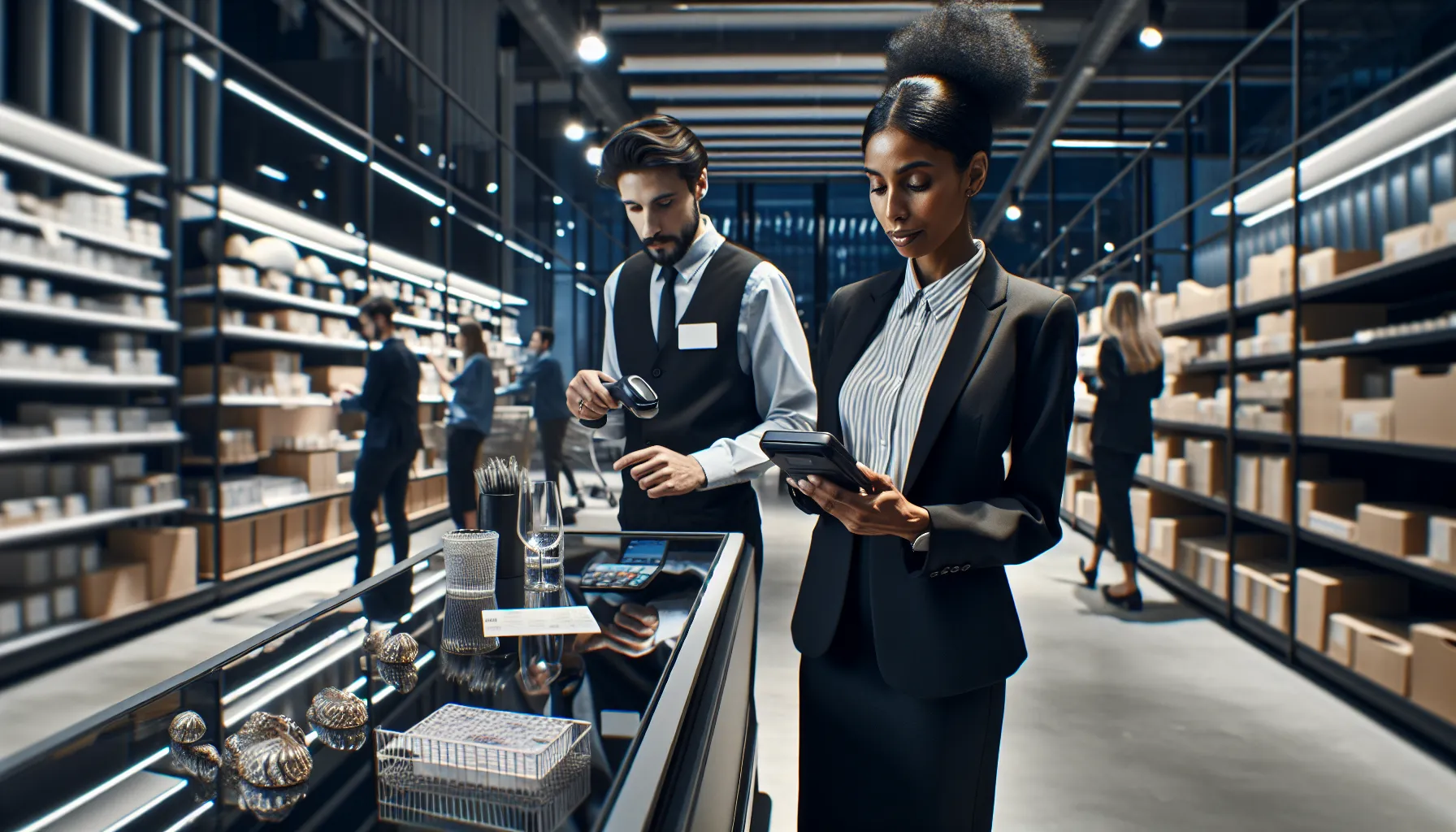 employees managing inventory in a modern retail environment.