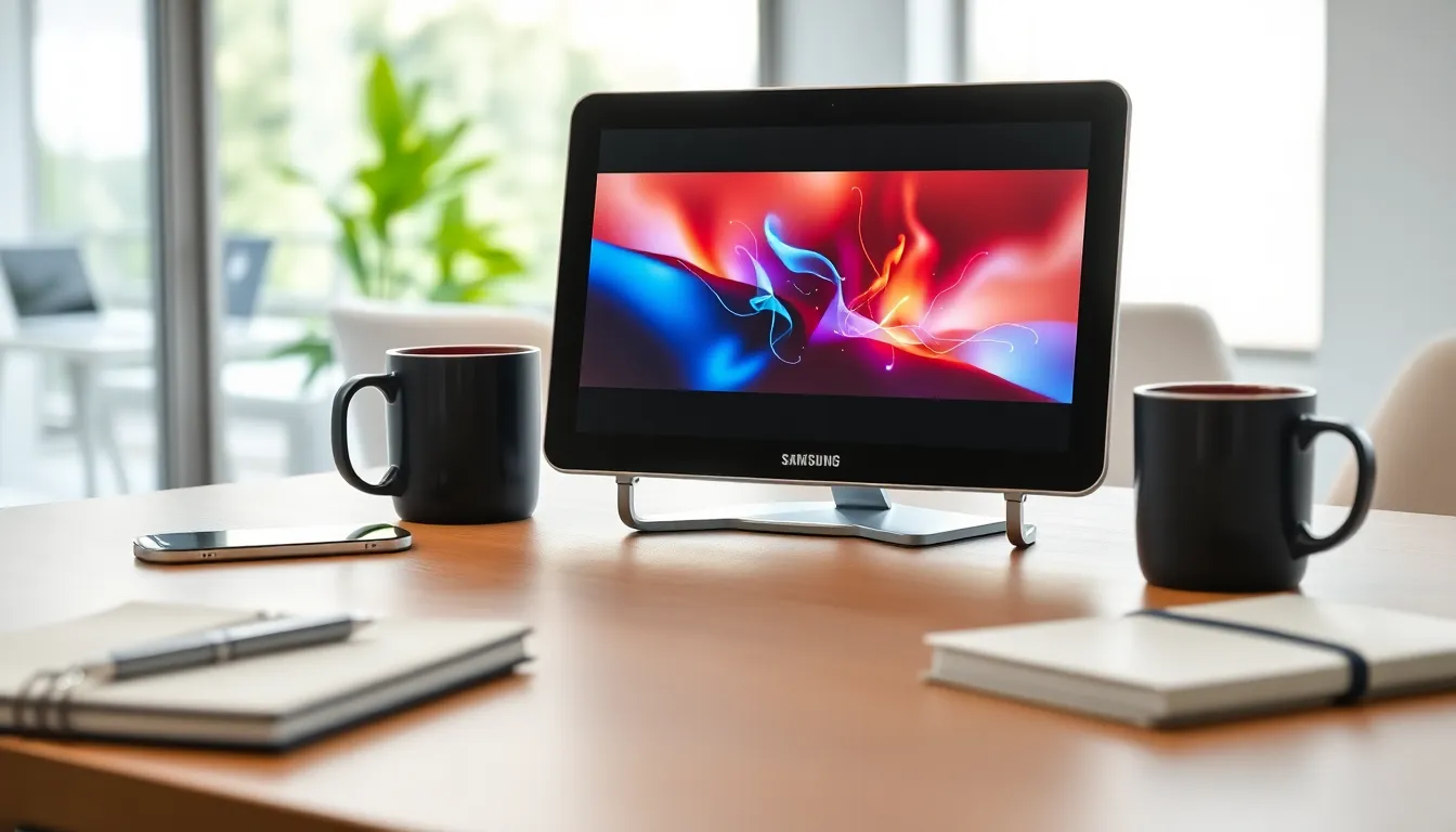 modern workspace with a Samsung tablet on a sleek desk.