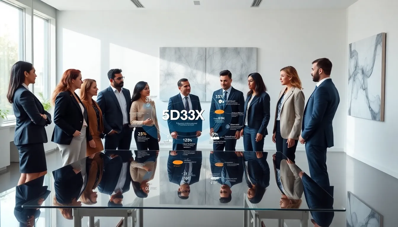 diverse professionals discussing the 5D35X framework in a modern office.