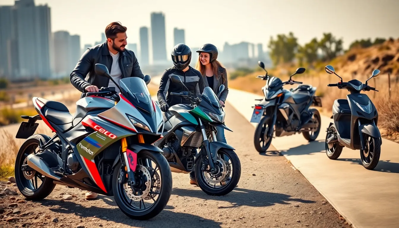 diverse group of riders with various Formotor bikes in an outdoor setting.