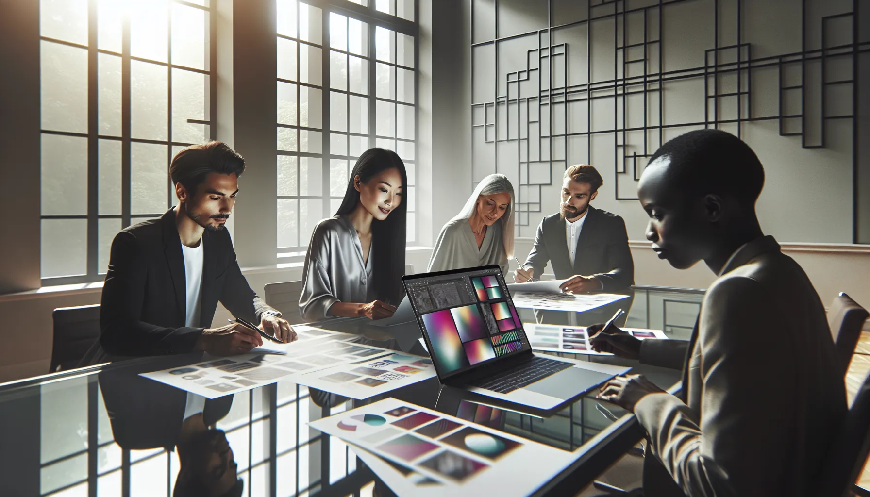 diverse team collaborating on Shotscribus software in a modern office.