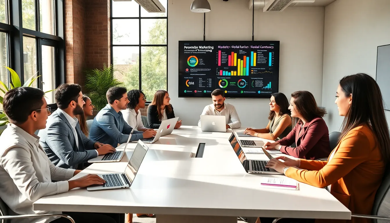 diverse marketing team discussing digital marketing trends in a modern office.