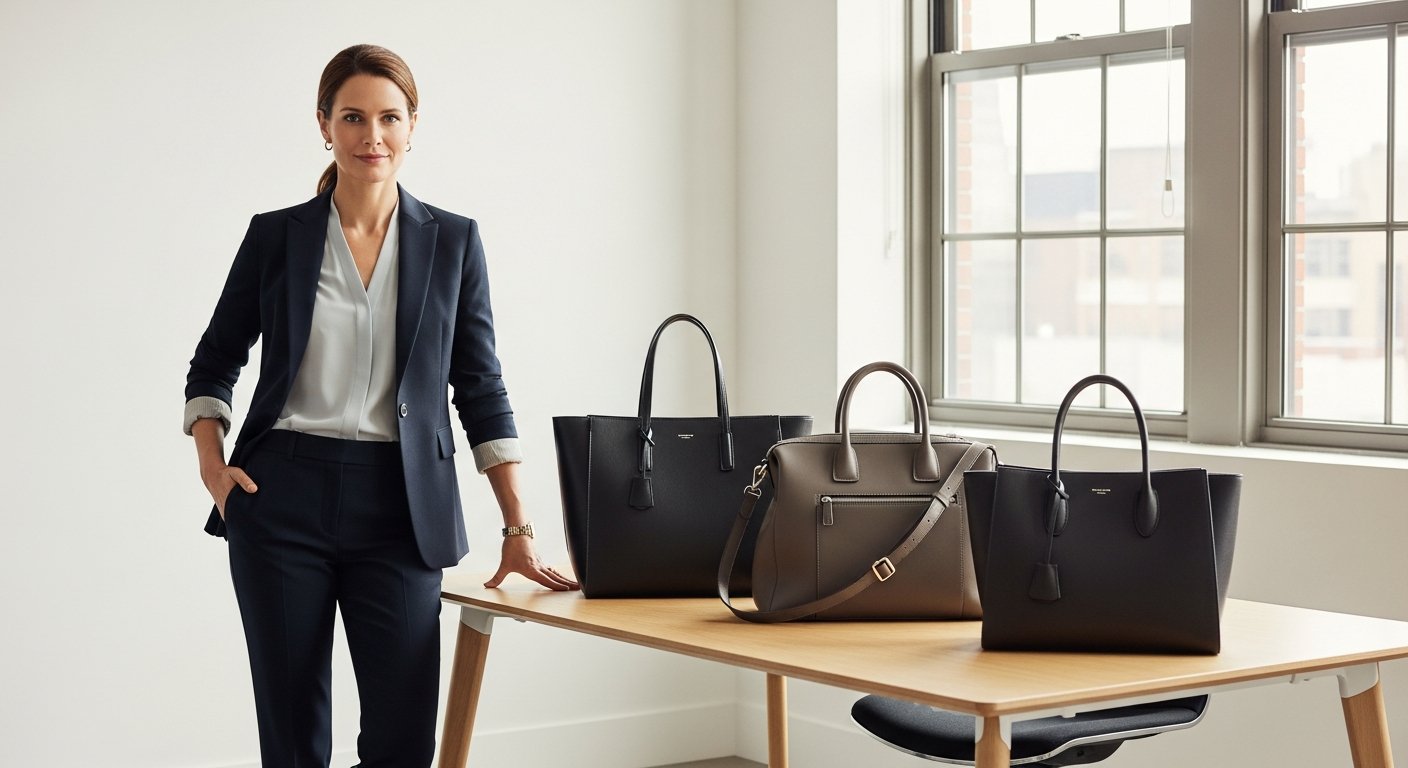 Designer work handbags displayed in a modern tech office.