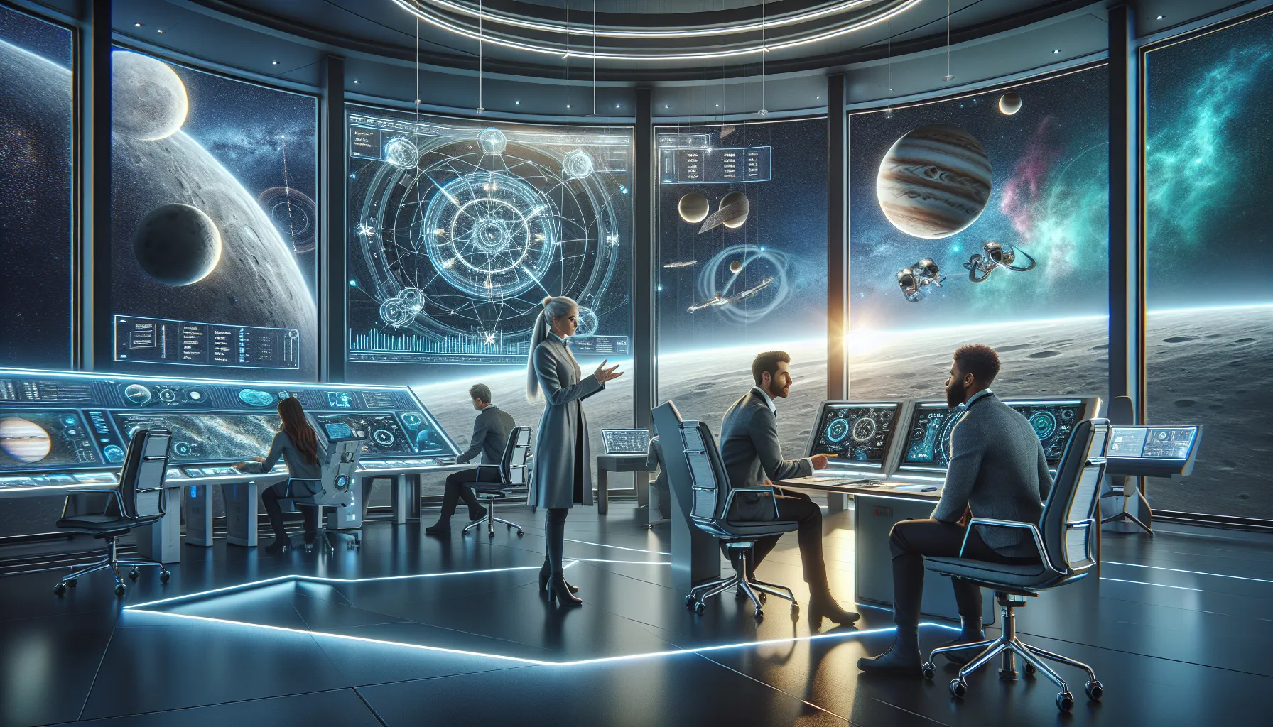 team of scientists discussing space travel in a modern control room.