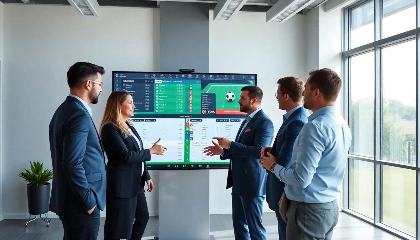 professionals discussing football news in a modern office.