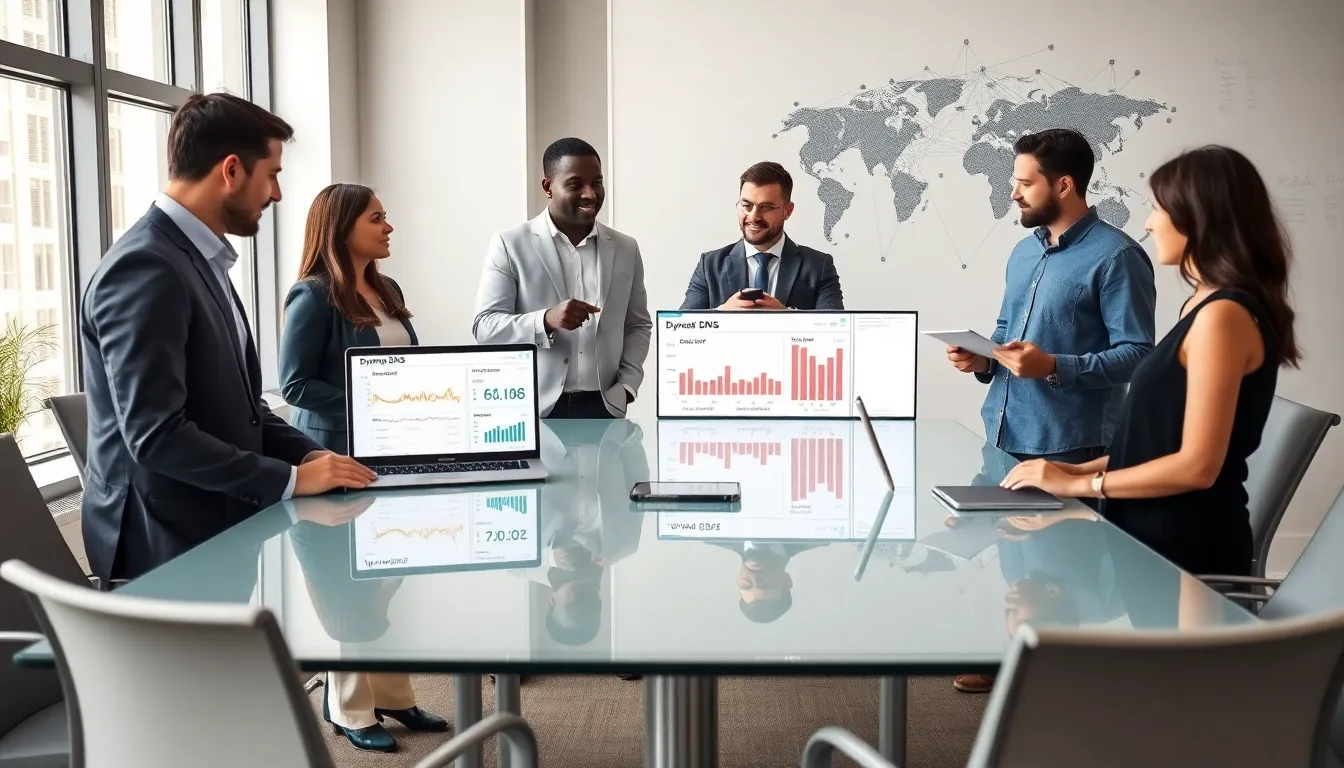 IT team discussing Dynamic DNS in a modern office.