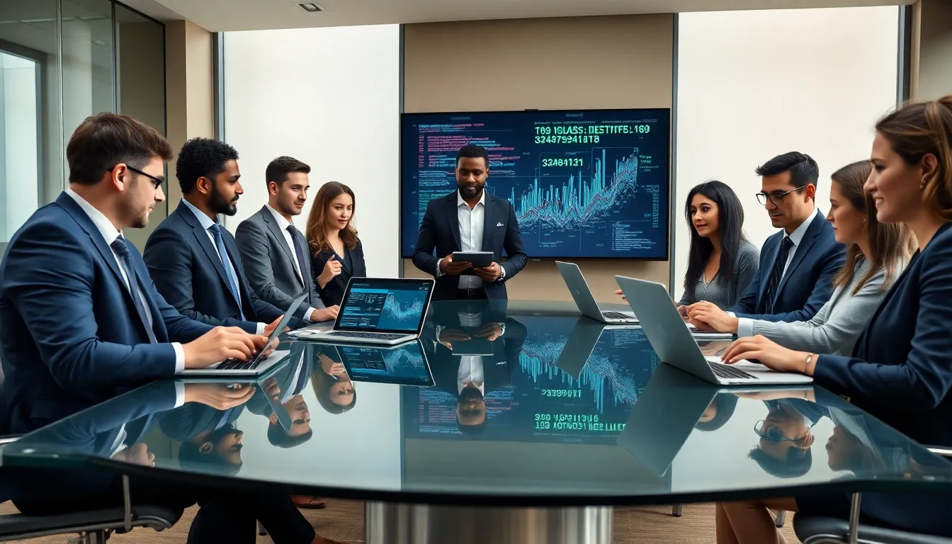 A diverse team collaborates in a modern office, focusing on data management.