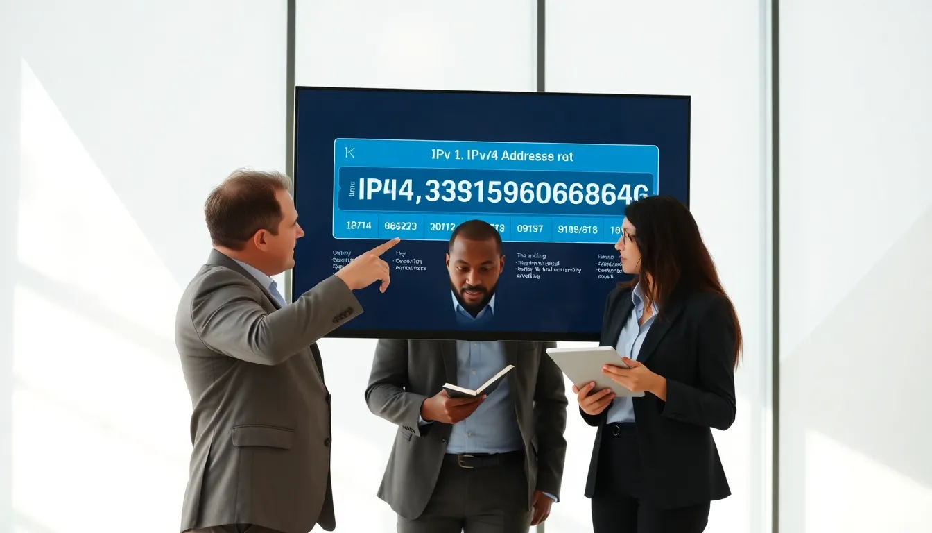 Professionals reviewing an infographic on IP addresses in a modern office.