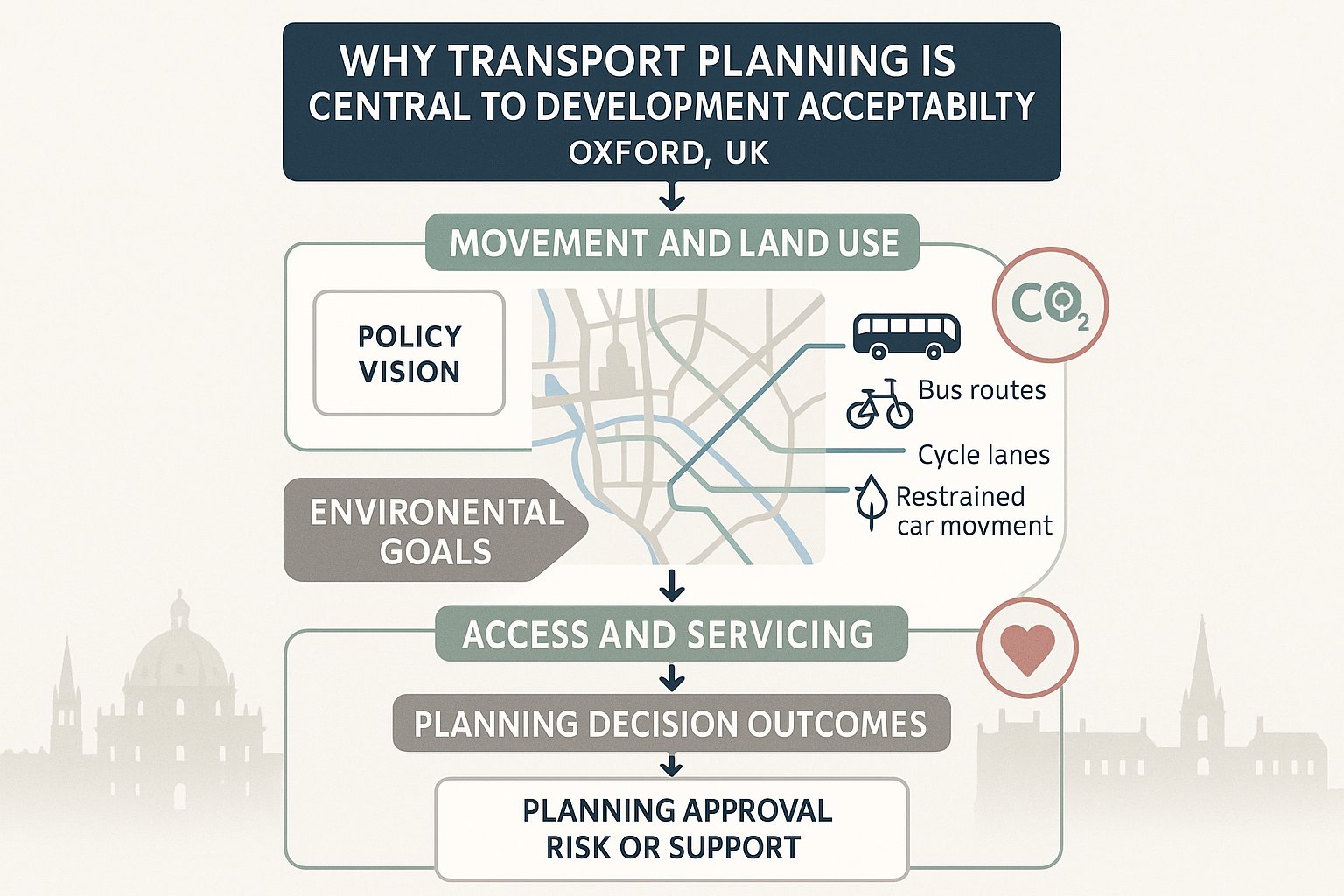Infographic showing transport planning shaping development decisions in Oxford.