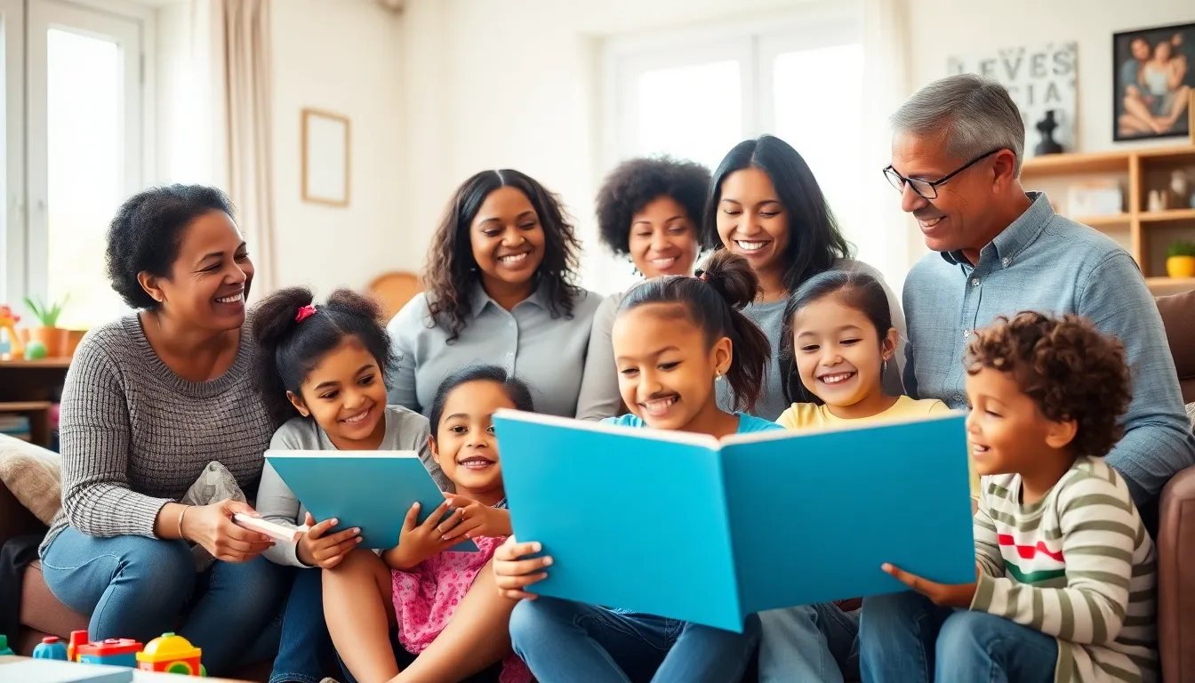 diverse foster parents engaging with children in a warm living room.