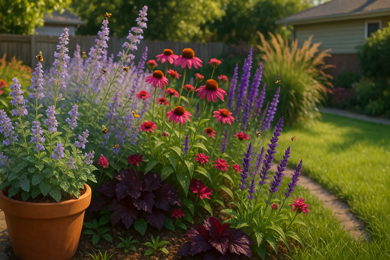 Walker’s Low in pot and Six Hills Giant spilling mid-border with pollinators.