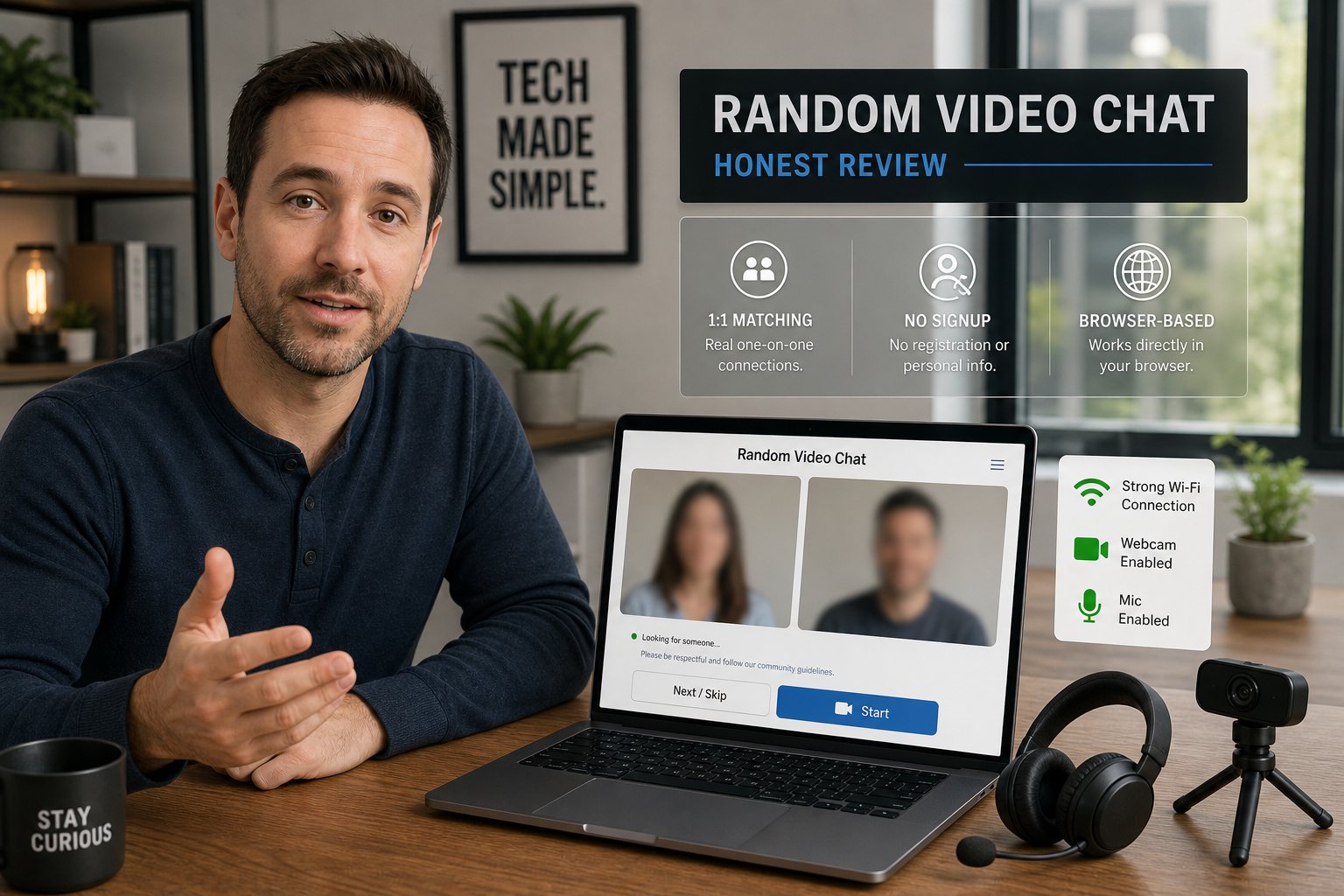 Laptop showing random video chat interface with skip button in modern office.