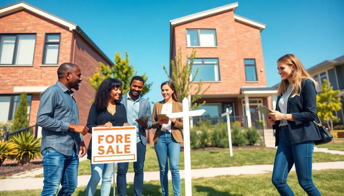 a diverse group of home buyers discussing in an urban neighborhood.