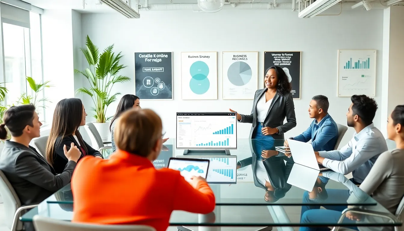 diverse team collaborating around a laptop in a modern office.