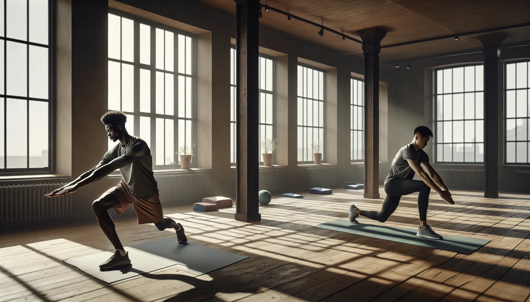 Two people demonstrate dynamic and static stretching inside a fitness studio.