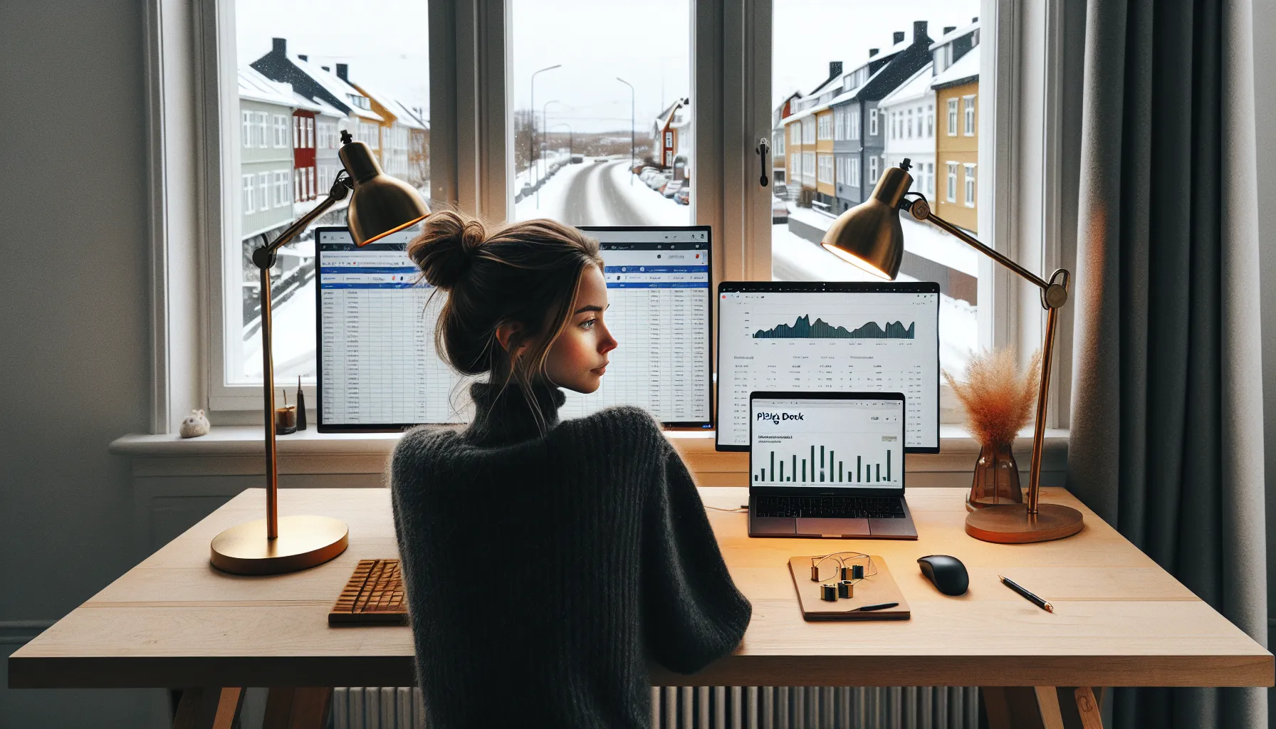 Norwegian creator researches profitable template niches on laptop with market data.