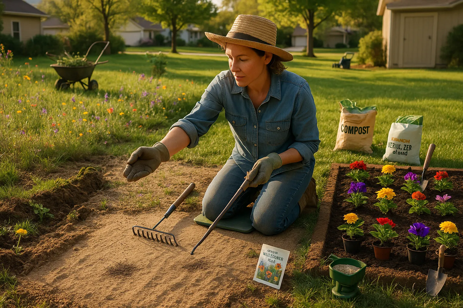 Gardener preparing a wildflower seedbed beside a newly planted annual bedding display.