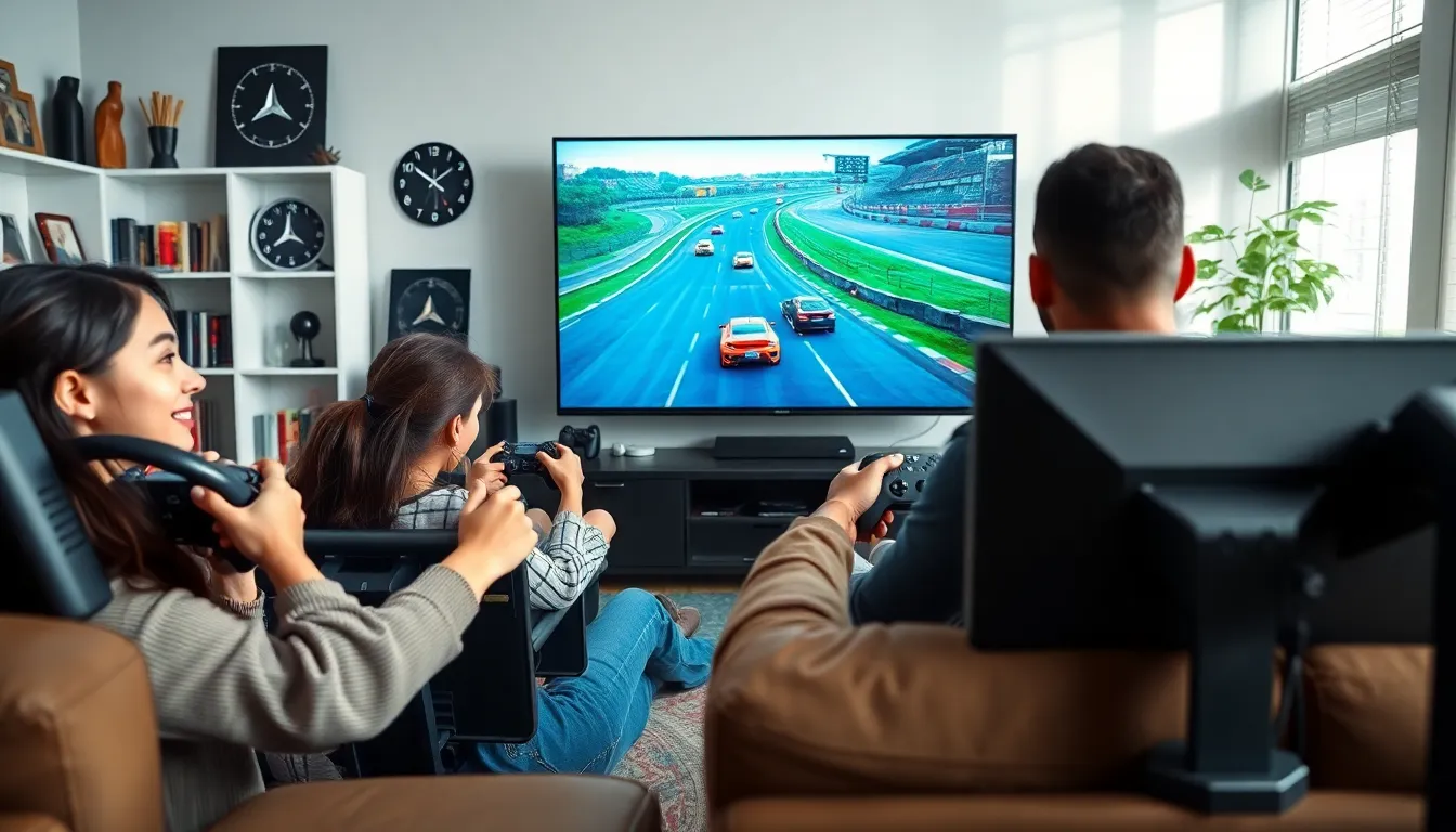 diverse gamers enjoying racing games on Xbox in a modern living room.