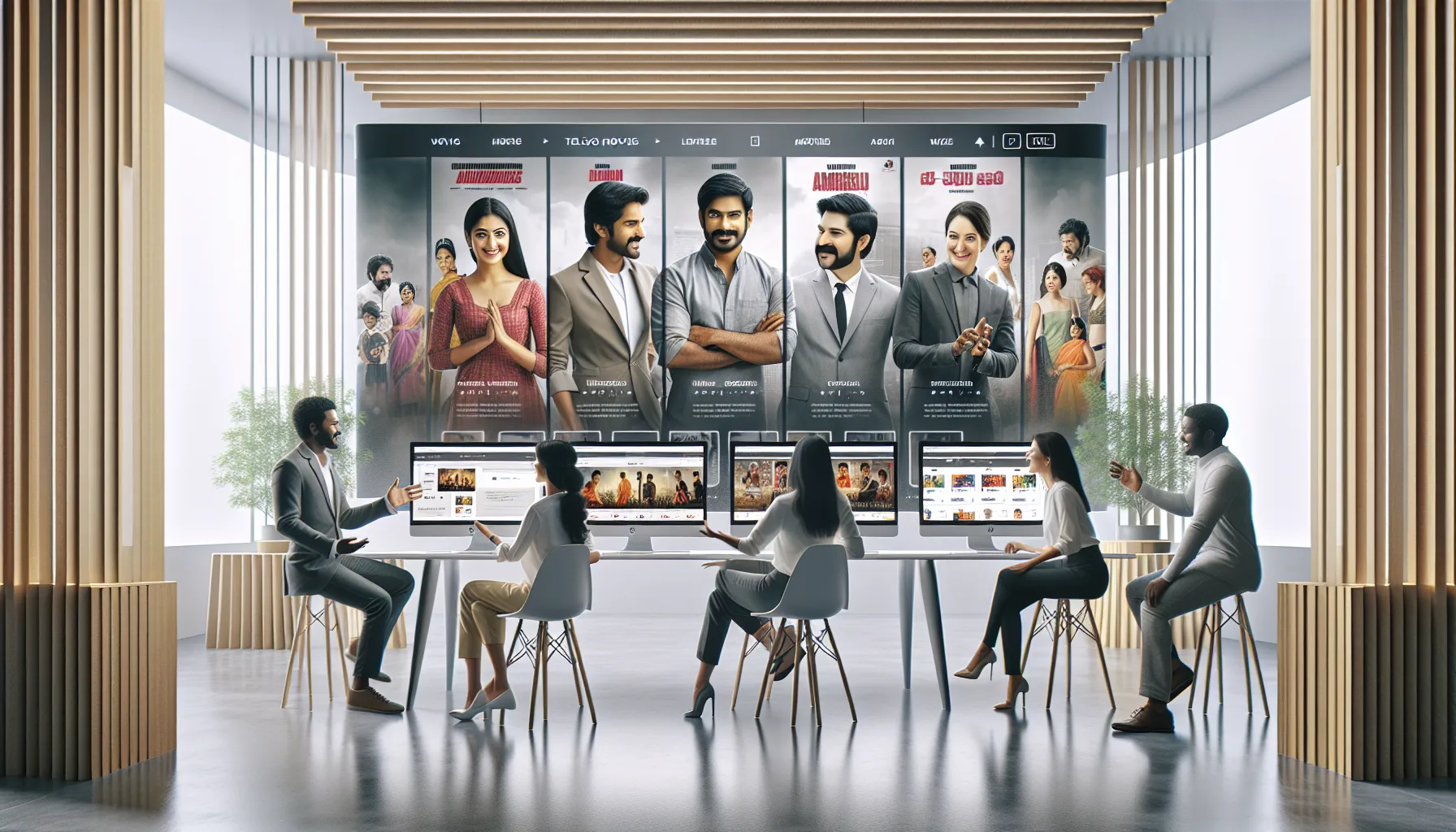 diverse team discussing Telugu cinema in a modern workspace.