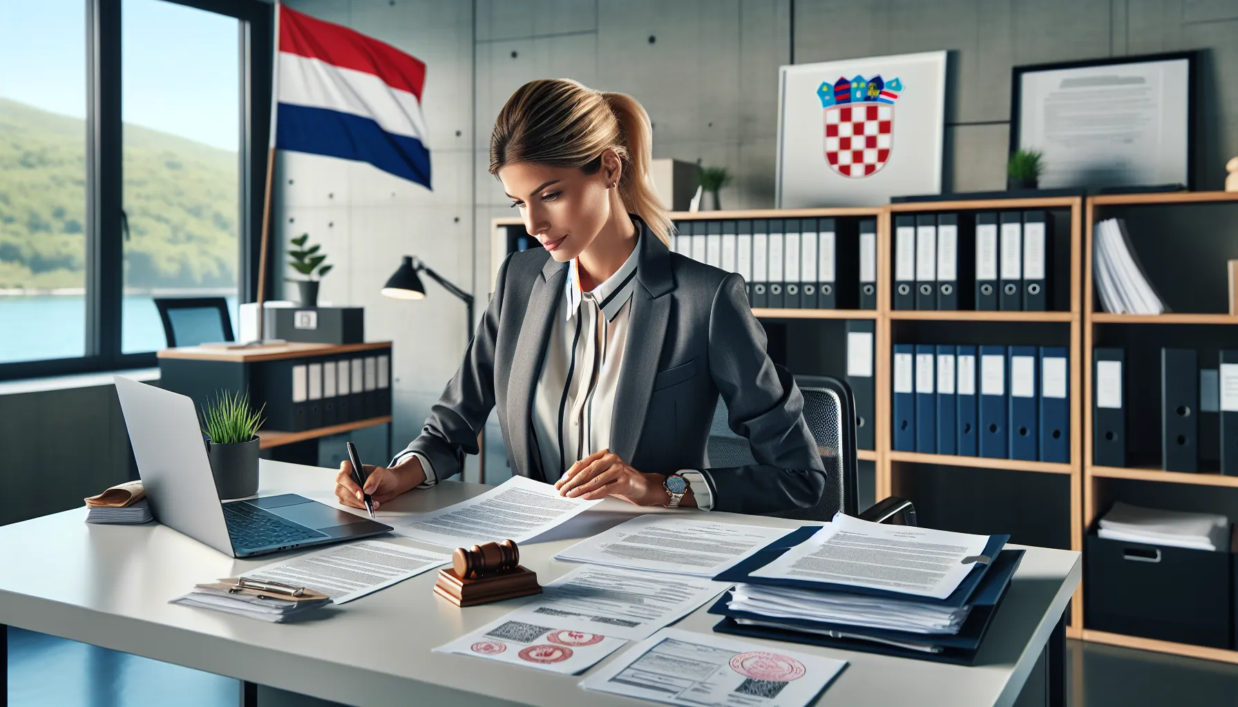 HR professional reviewing foreign worker employment contracts and permits in modern office