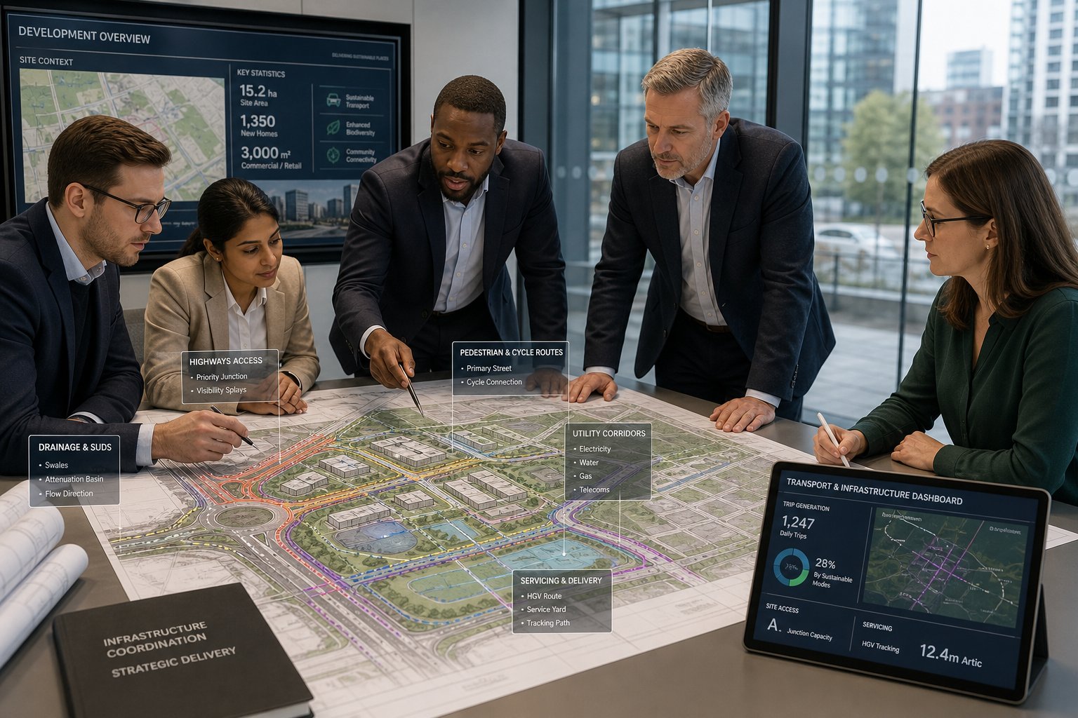 Developers and engineers reviewing a UK site infrastructure plan in an office.