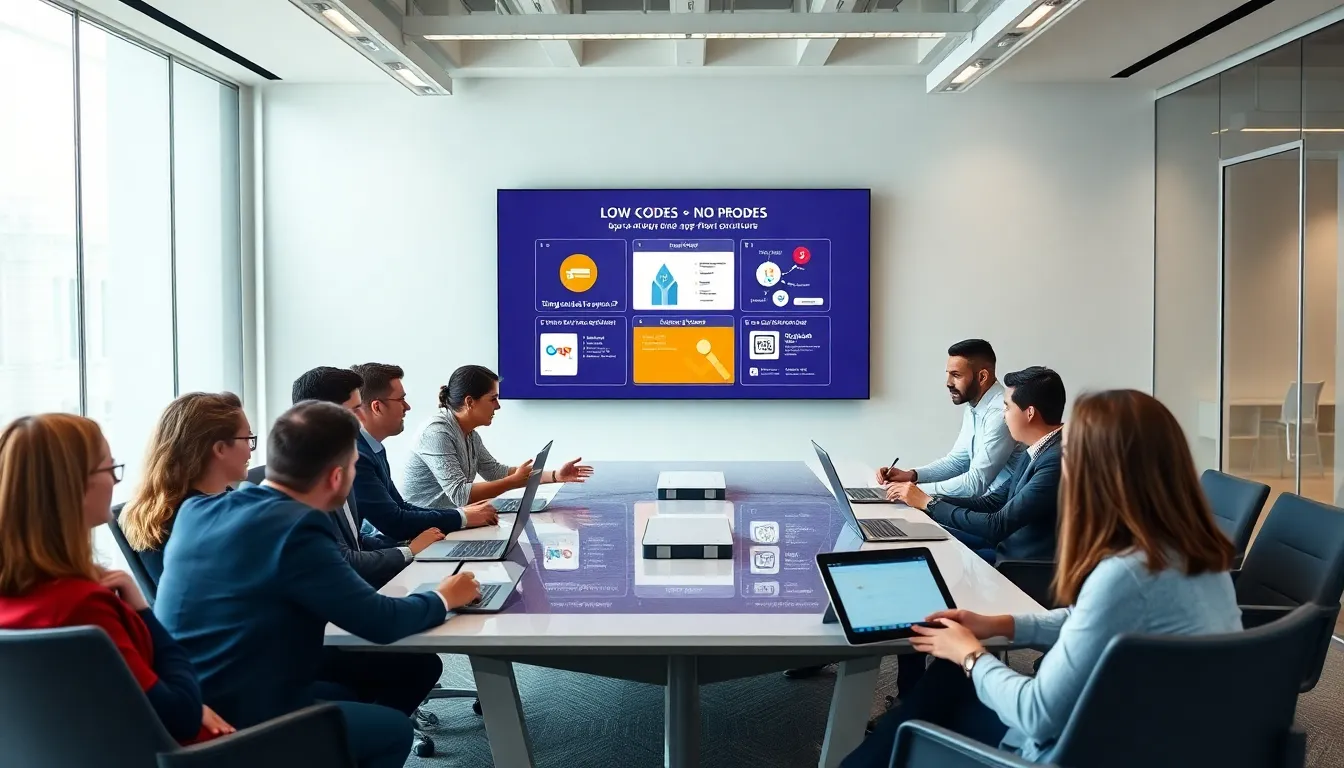 team collaborating on low code and no code platforms in a modern office.