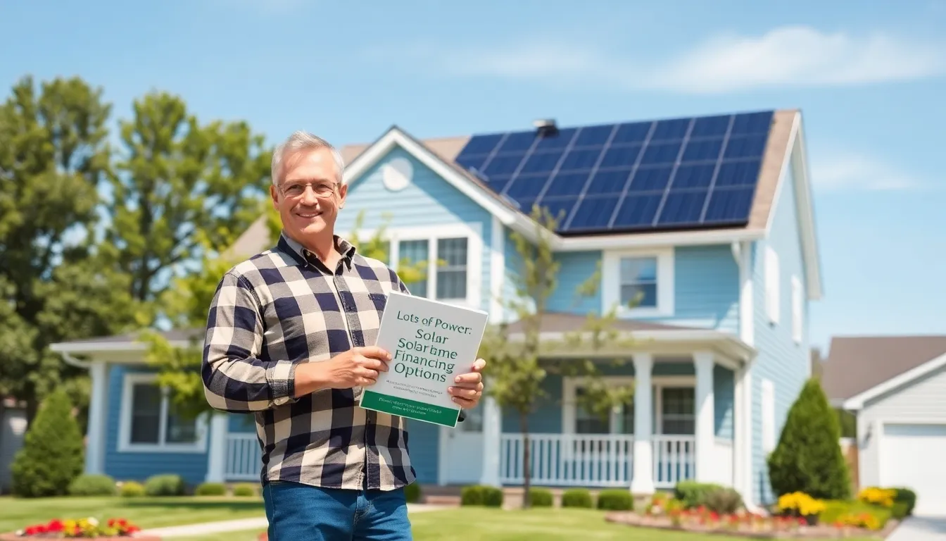 A man stands proudly by his home’s solar panels, holding an ebook on financing.