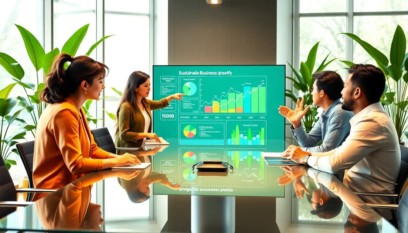 diverse team strategizing on sustainable business growth in a modern office.