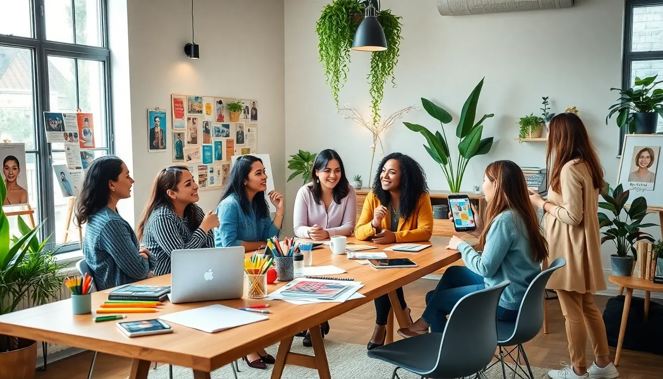 diverse women collaborating in a modern creative workspace.