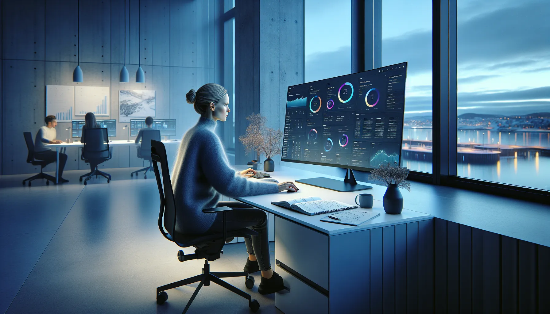 Norwegian data scientist reviewing ai models and automated decisions on a large monitor.