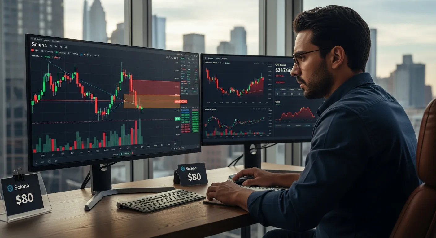 Trader studying Solana price chart near $80 with tense expression.