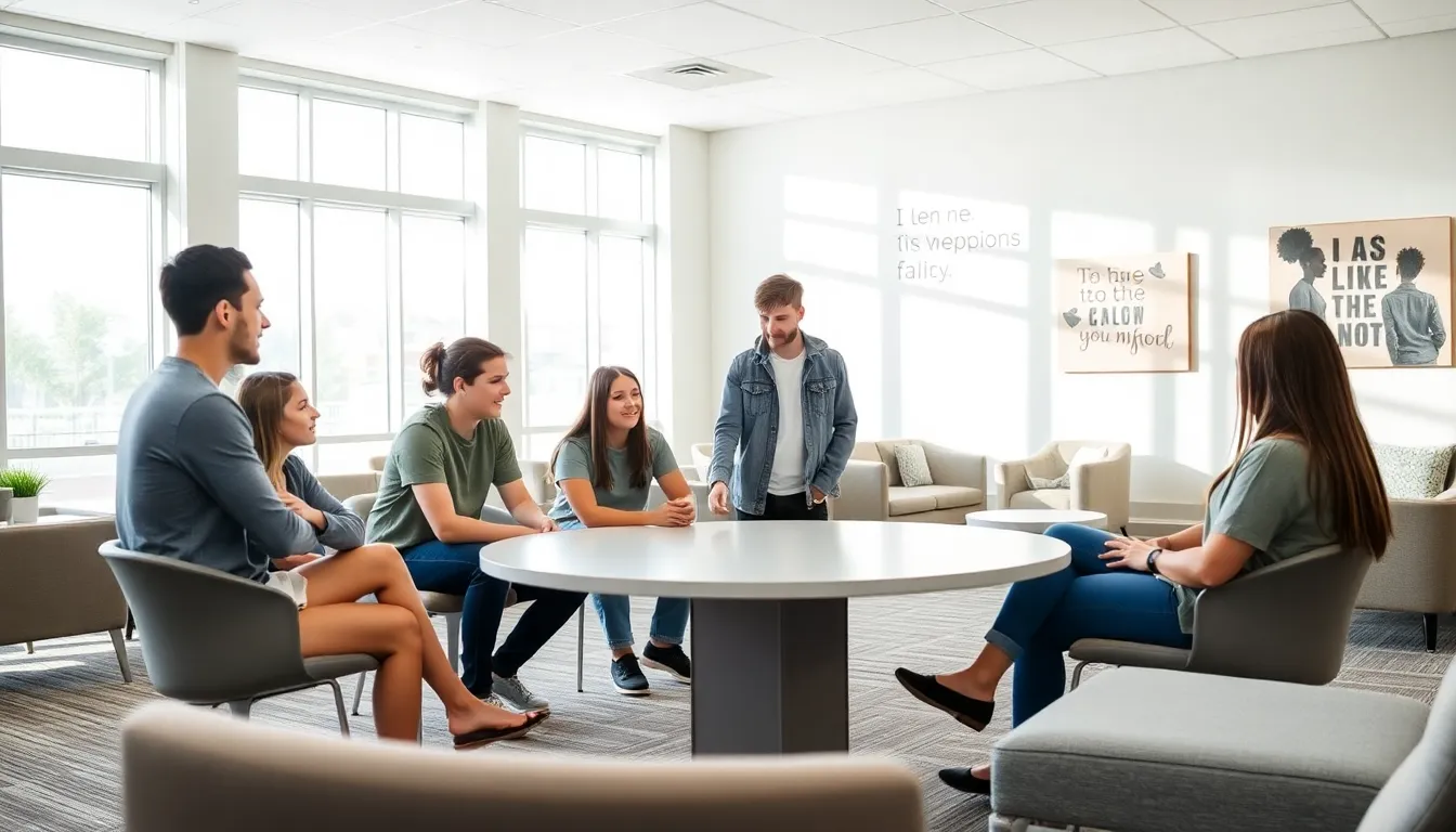 teens participating in group therapy at a modern mental health facility.