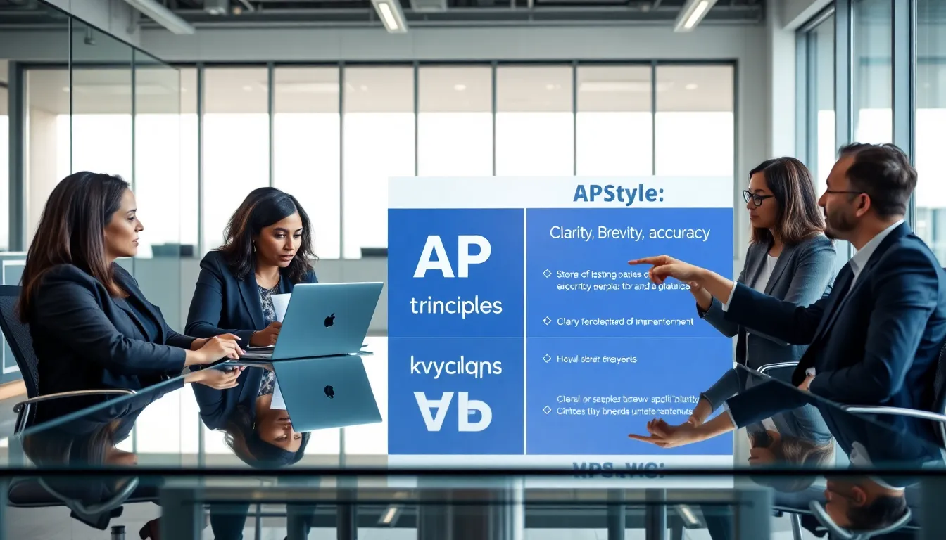 diverse team discussing AP style guidelines in a modern office.