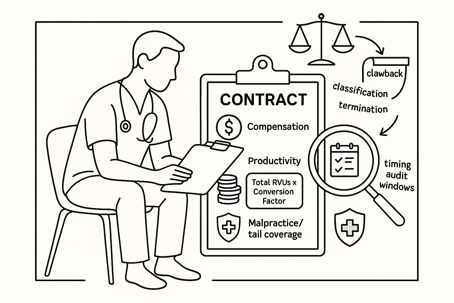 A physician assistant reviewing a contract with icons for pay, RVUs, insurance, and clawbacks.