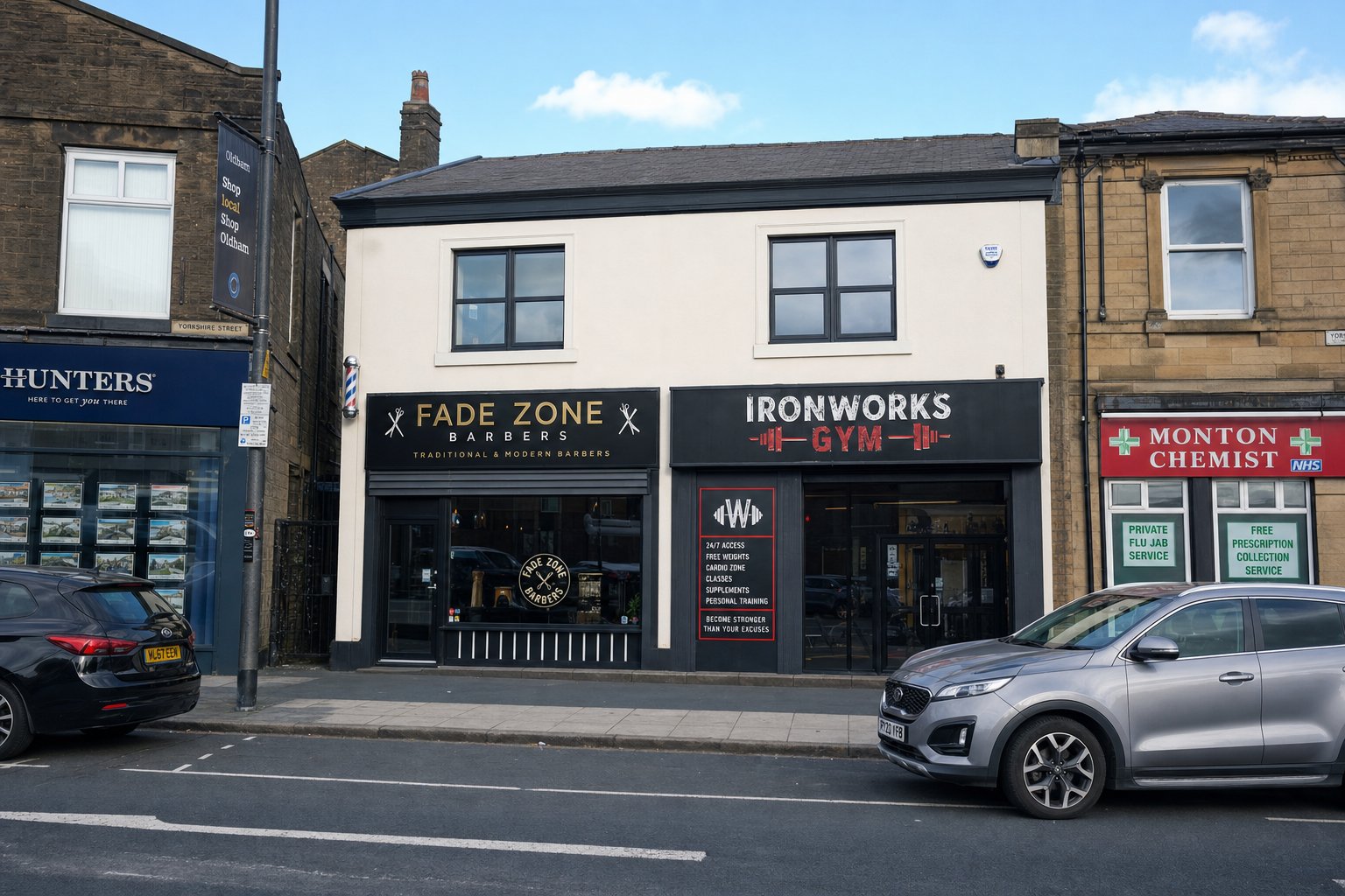 Mixed-use commercial property on a busy Oldham street in natural daylight.