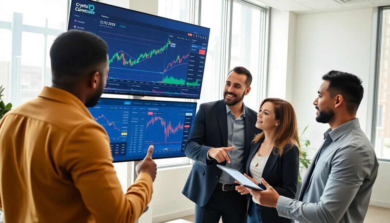 professionals discussing cryptocurrency trading in a modern office.