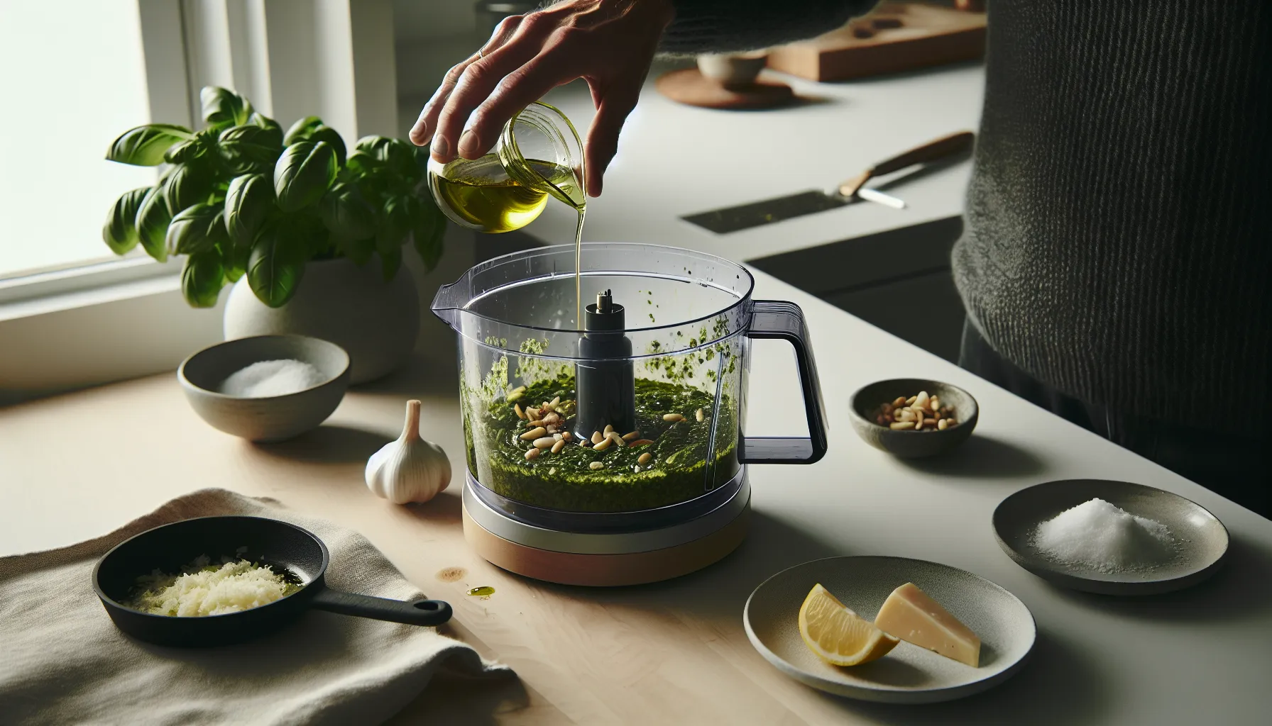 Hand pours olive oil into whirring pesto in a bright nordic kitchen.