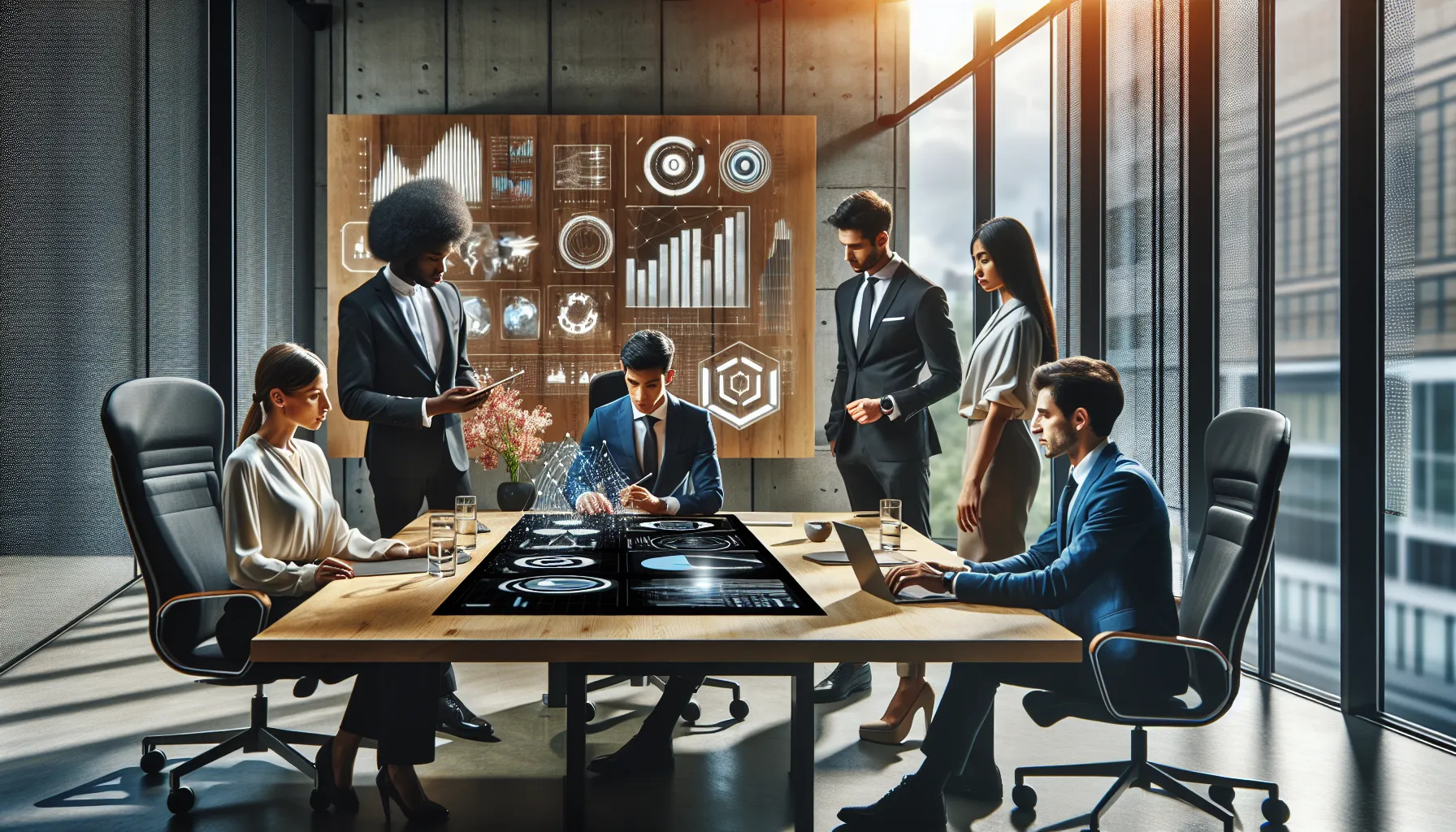 diverse team collaborating on futuristic technology in a modern office.