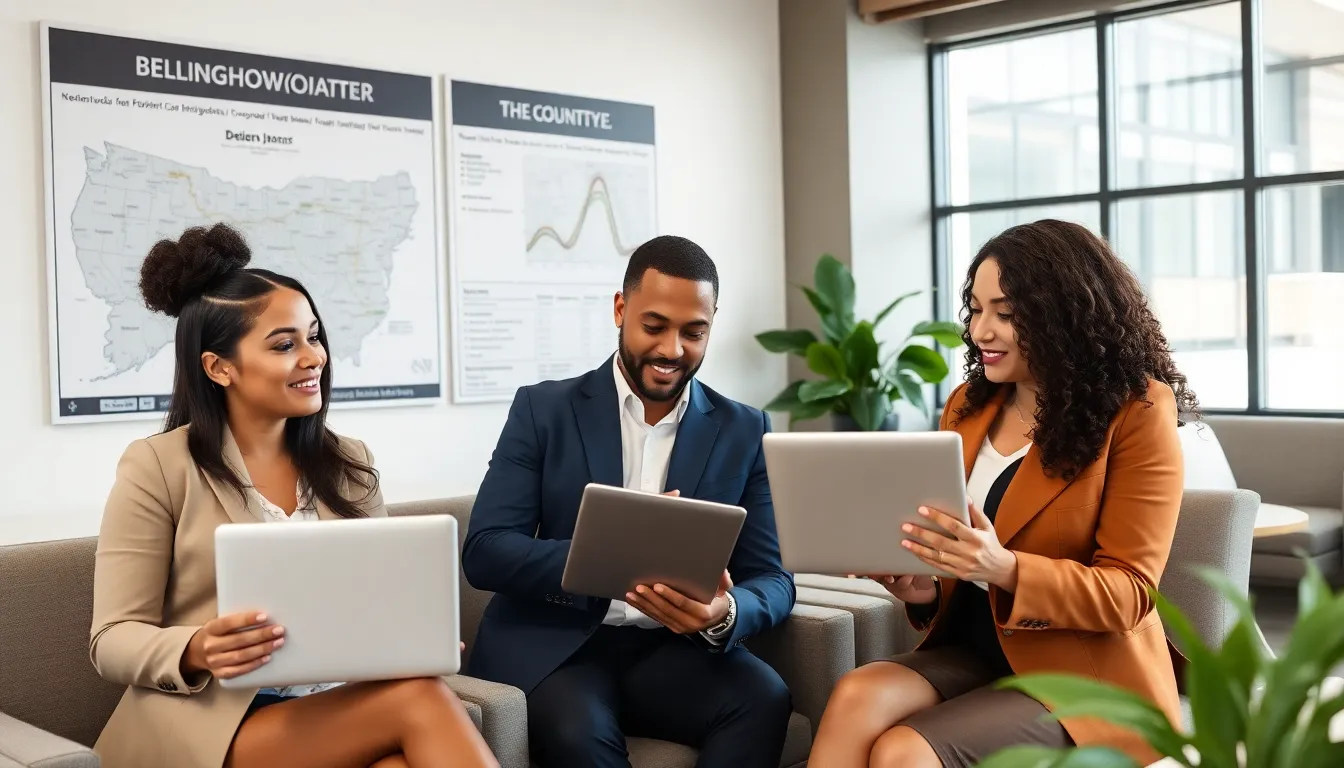 diverse real estate agents collaborating in a modern office setting.