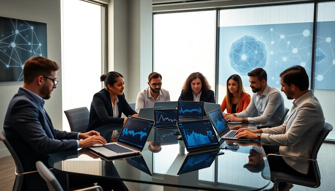 diverse team discussing blockchain staking in a modern office.